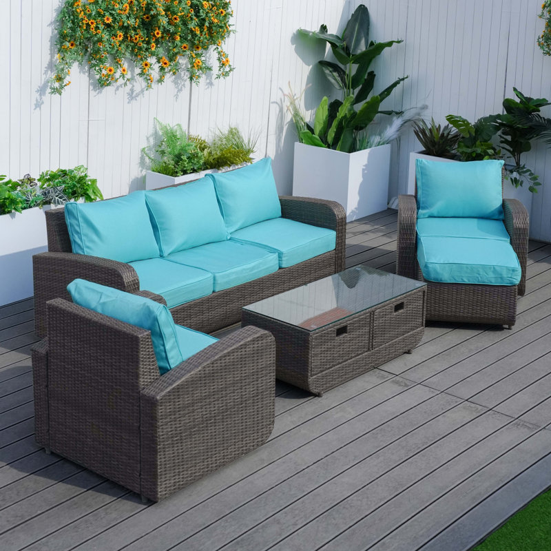 Ensemble de conversation d'extérieur pour 5 personnes avec coussins, Bleu sarcelle, Gris