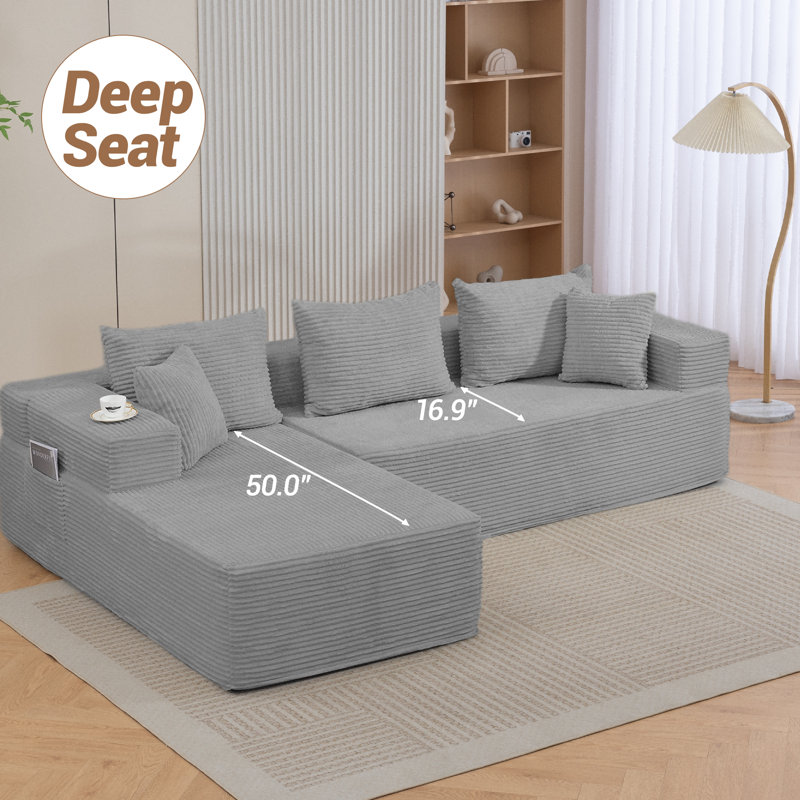 Canapé modulaire Boneless avec méridienne en forme de L, canapé en velours côtelé pour le salon, sans assemblage,, Gris