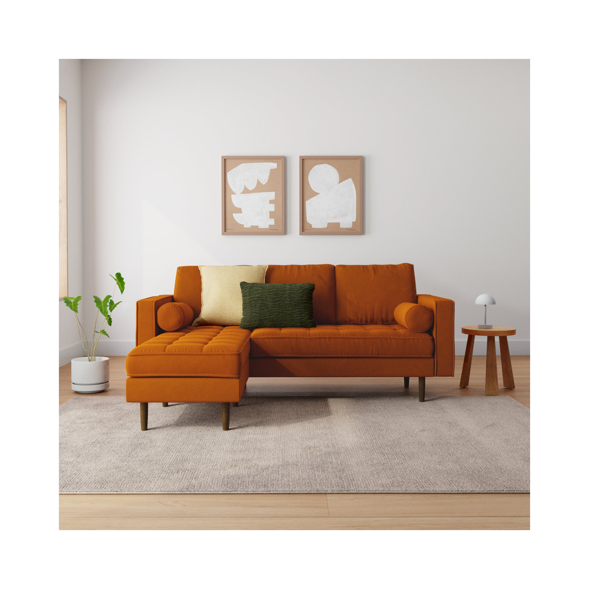 Geo 84" Wide Reversible Sofa and Chaise, Bella Burnt Orange Performance Velvet