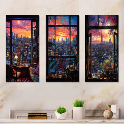 «Night In Tokyo Window View II», ensemble de 3 impressions murales en métal japonais