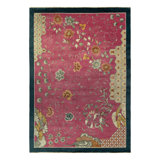 Rug & Kilim's Chinese Deco Style Rug In Pink With Blue Border, Gold Florals