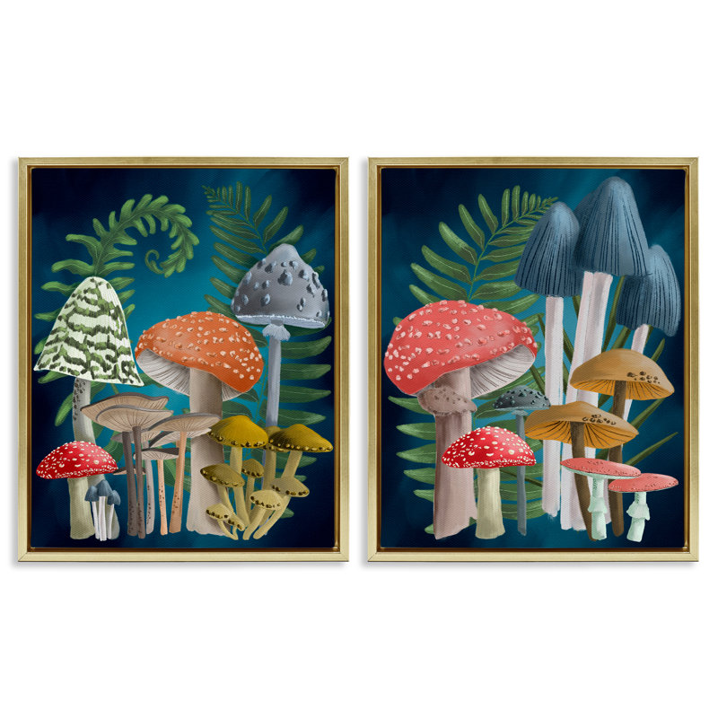 Ensemble de 2 toiles flottantes "Mushroom Variétés Forest Ferns" par Regina Moore, H 21 po x l 17 po
