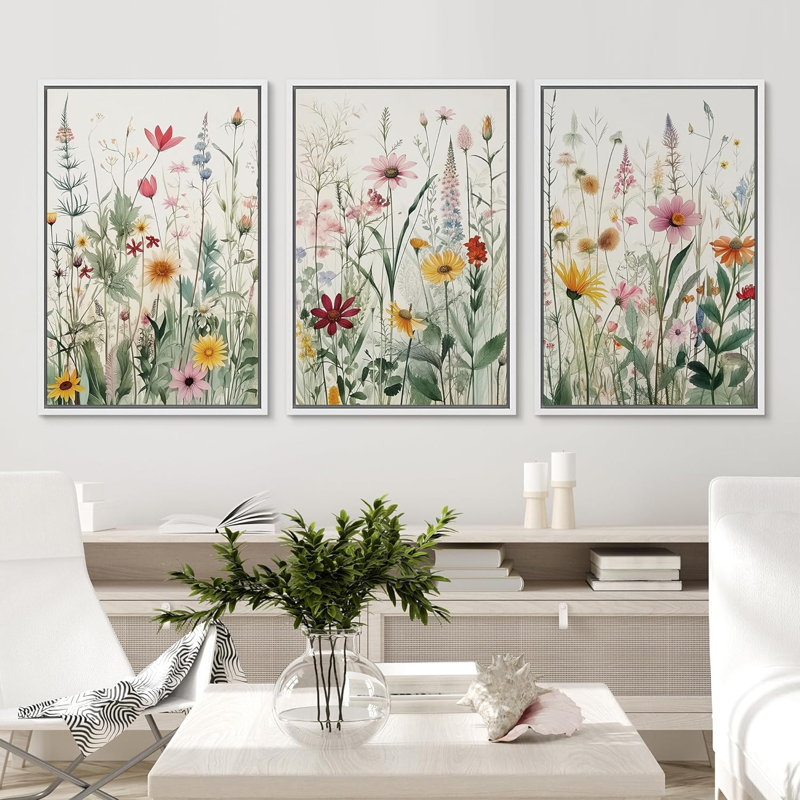 Vibrant Wildflower Green Garden Floral Boho Artwork Framed On Canvas 3 Piece Paintings Print Wall Decor, 24" H x 16" W