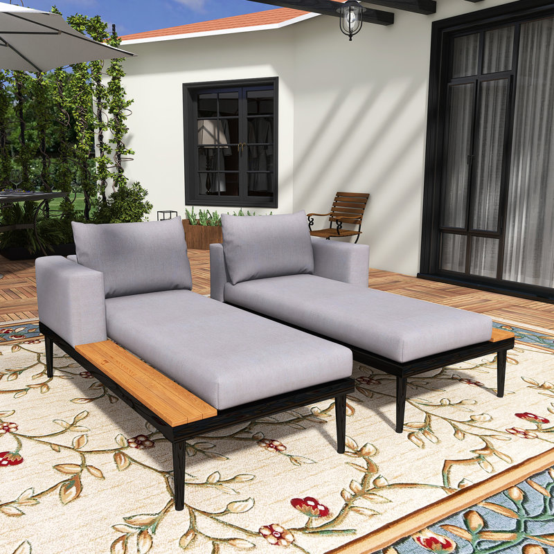 Modern Outdoor Metal Daybed With Wood-Topped Side Shelves, Gray Cushion/Black Frame