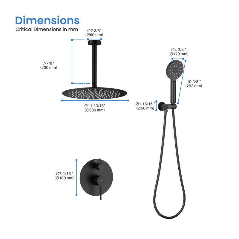 Système de douche circulaire à pression équilibrée à 2 fonctions avec valve brute, Noir mat