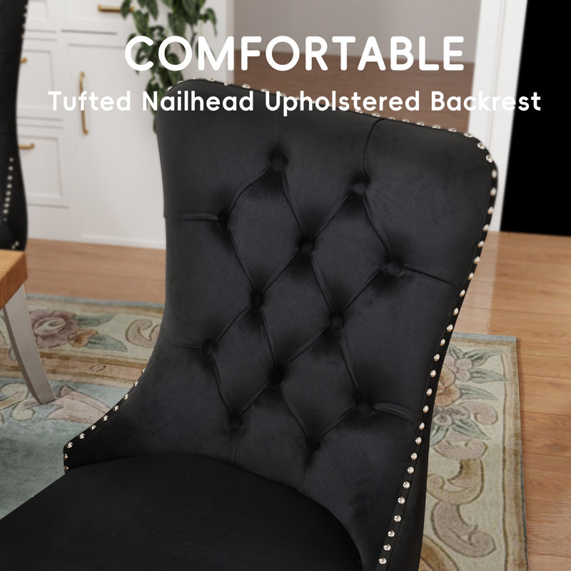 Modern Metal Nailhead Trim Velvet Dining Chairs (Set of 2), Black