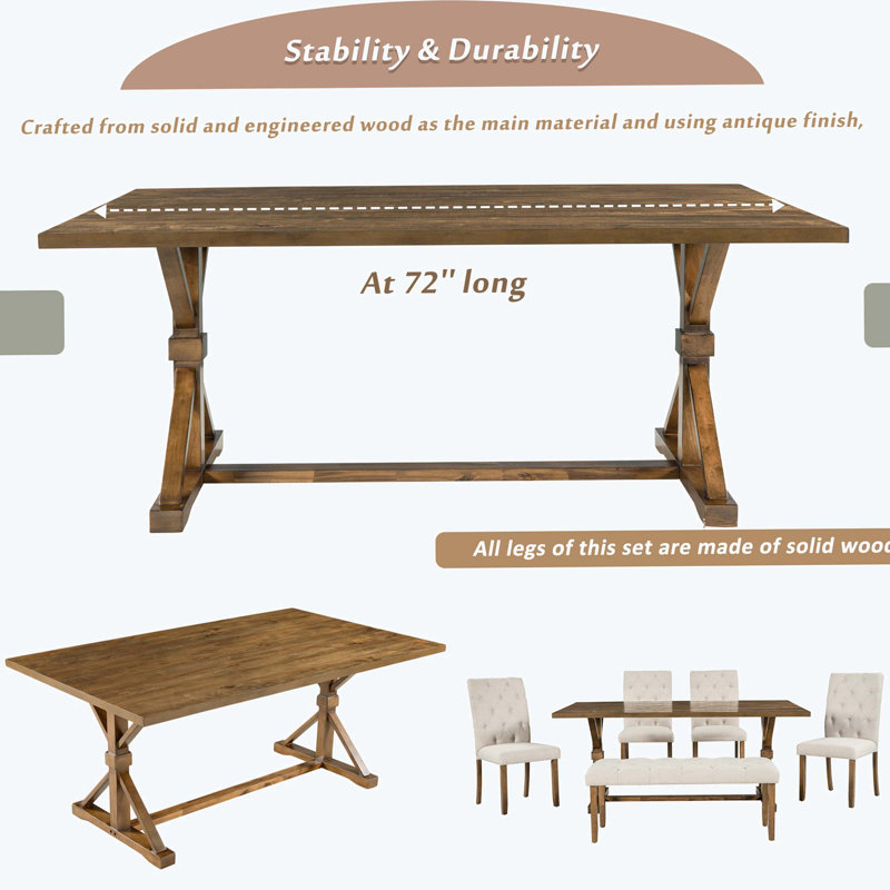 6-Piece Farmhouse Dining Table Set with 72" Wood Rectangular Table and Bench, Beige, Walnut