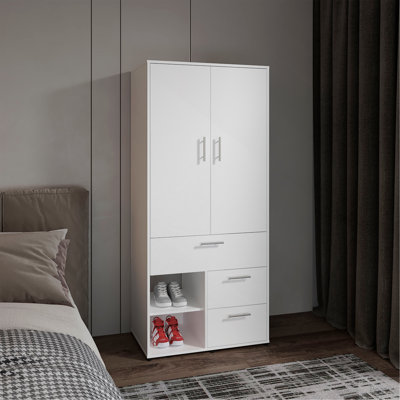 Armoire H 70,90 po, 2 portes, 3 tiroirs, 2 tablettes, 6 pieds, blanc - Chambre