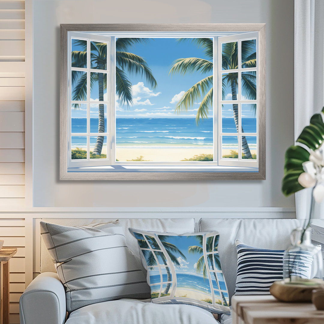 Oceanview Through Open White Window I - Coastal Canvas Art Bay Isle Home™ 