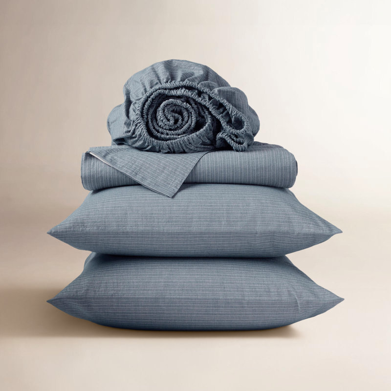 Organic Crinkled Percale™ 100% Cotton Sheet Set, King Sheet Set with 2 Pillowcases, Indigo Chambray Stripe