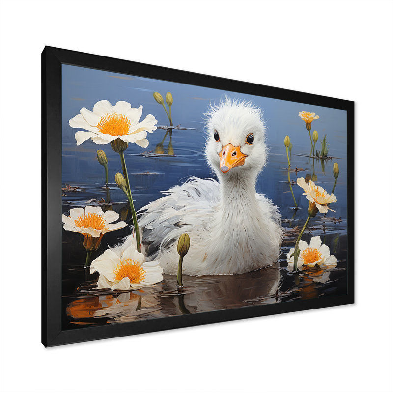«Blue Duck», art mural canard bleu et blanc, Cadre d'angle fermé noir, H 24 po x l 32 po x P 1 po