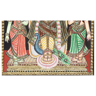 Lord Karttikeya With Devasena And Valli Tanjore Painting | Traditional Colors | Teakwood Frame