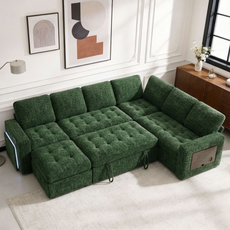 102" Modular Sectional Sleeper Sofa With Pull Out Bed/Reclining Backrest/Usb Ports/Table/Led Light/Storage Seat, 8 Seat Large U Shaped Sectional Couch, Tool-Free Assembly