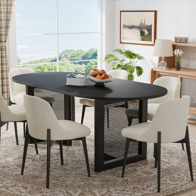 Wood Dining Set With Oval Table And Upholstered Chairs-B, 30" H x 67" L x 33.5" W, Black