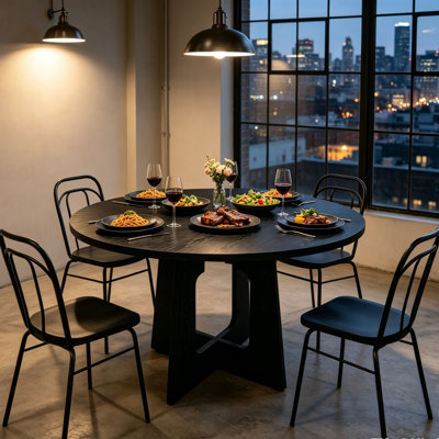Table de salle à manger de 47,24 po pour 4 personnes, table de cuisine en panneau de fibres à densité moyenne avec finition grain de bois noir, table de salle à manger circulaire à assemblage facile d'une capacité de 300 lb