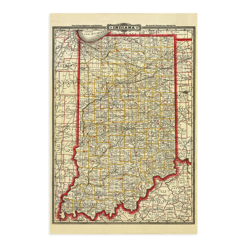 1888 Indiana Map, art mural sur papier, H 36 po x l 24 po x P 0,1 po