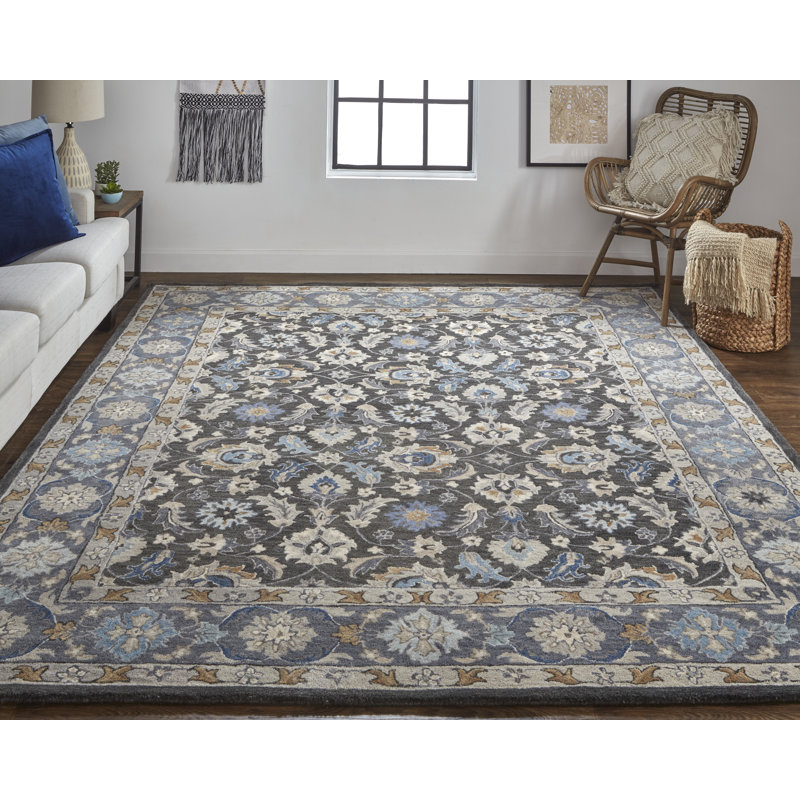 Azalea Wool Oriental Area Rug in Taupe/Blue/Ivory, Rectangle 5' x 8'