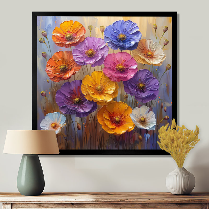 Été mauve rose coquelicots - impression d'art mural coquelicots, Toile encadrée noire simple, H 16 po x l 16 po x P 1 po