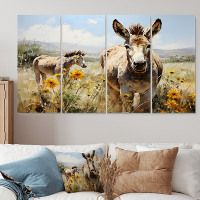 «Donkey Flower Meadow Landscape I - Donkey», ensemble de 4 décorations murales