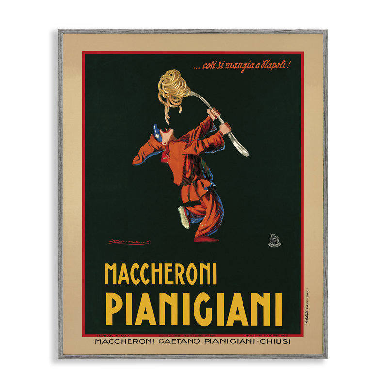 Maccheroni Pianigiani, affiche rétro «Food Design» par Marcello Dudovich - Publicité sur toile, H 30 po x l 24 po, Grey