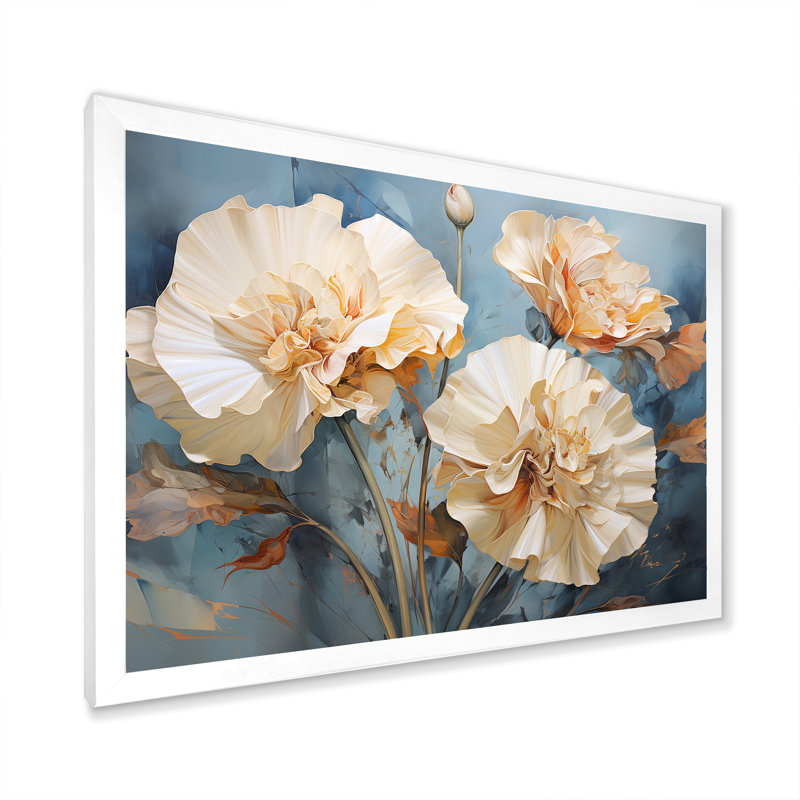 Arrangement d'œillets beige II - décoration murale œillets, Cadre photo blanc, H 34 po x l 44 po x P 1,5 po