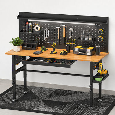 60″ Workbench with Drawers ,Solid Wood Top, 2000 lbs Capacity, Adjustable Height Garage Work Table with Power Outlet, LED Light, Wheels or Leveling Fe