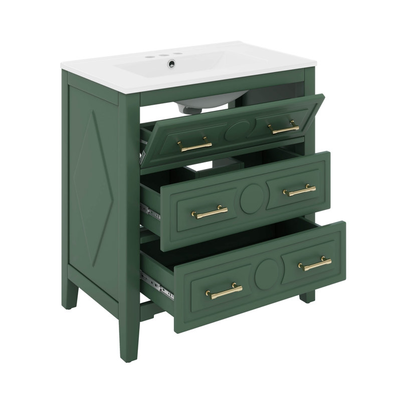 Ensemble de meuble-lavabo simple 30 po avec lavabo en céramique 30 po et 3 tiroirs, Vert