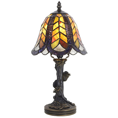 Petite petite lampe de table en verre teinté et feuille d'érable mauve 8 x 8 x 15,5 pouces avec base en résine Tiffany