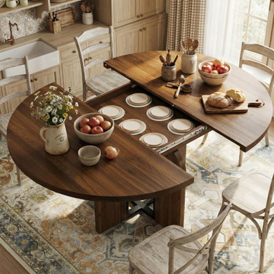 47"-63" Extendable Round Dining Room Table for 4-8, Farmhouse Wooden Expandable Kitchen Table w/ Wider Leg, Sturdy Metal Support, Oval Circle, for Din