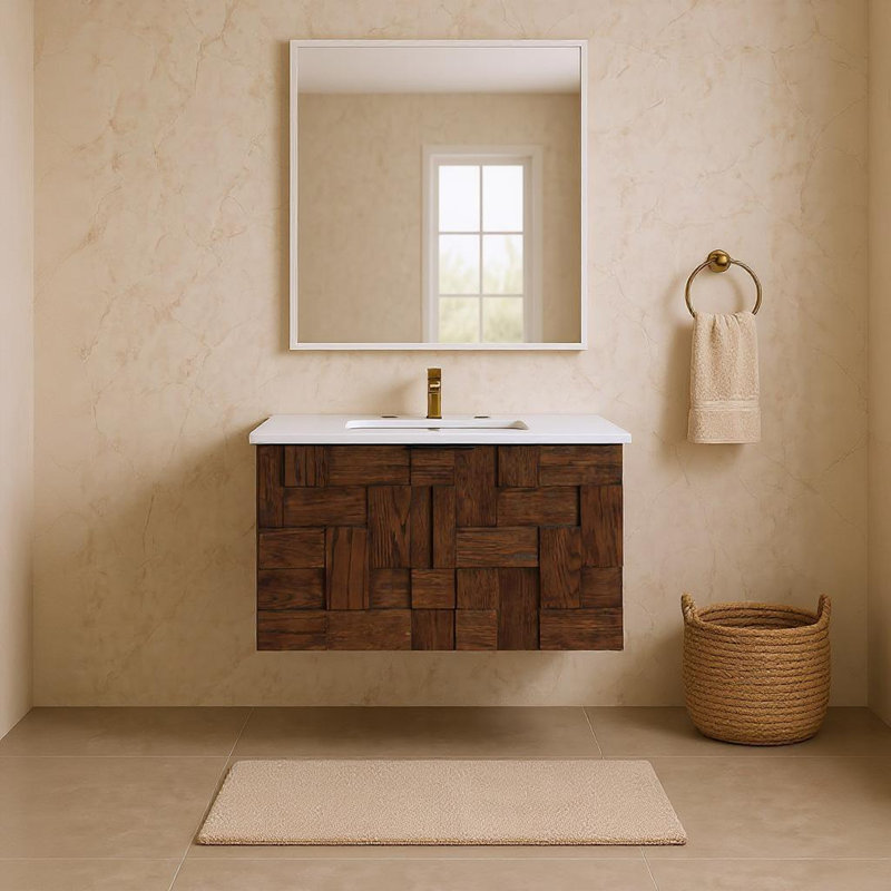 Meuble-lavabo mural en pierre d'ingénierie et en bois massif Leonardo, Brun