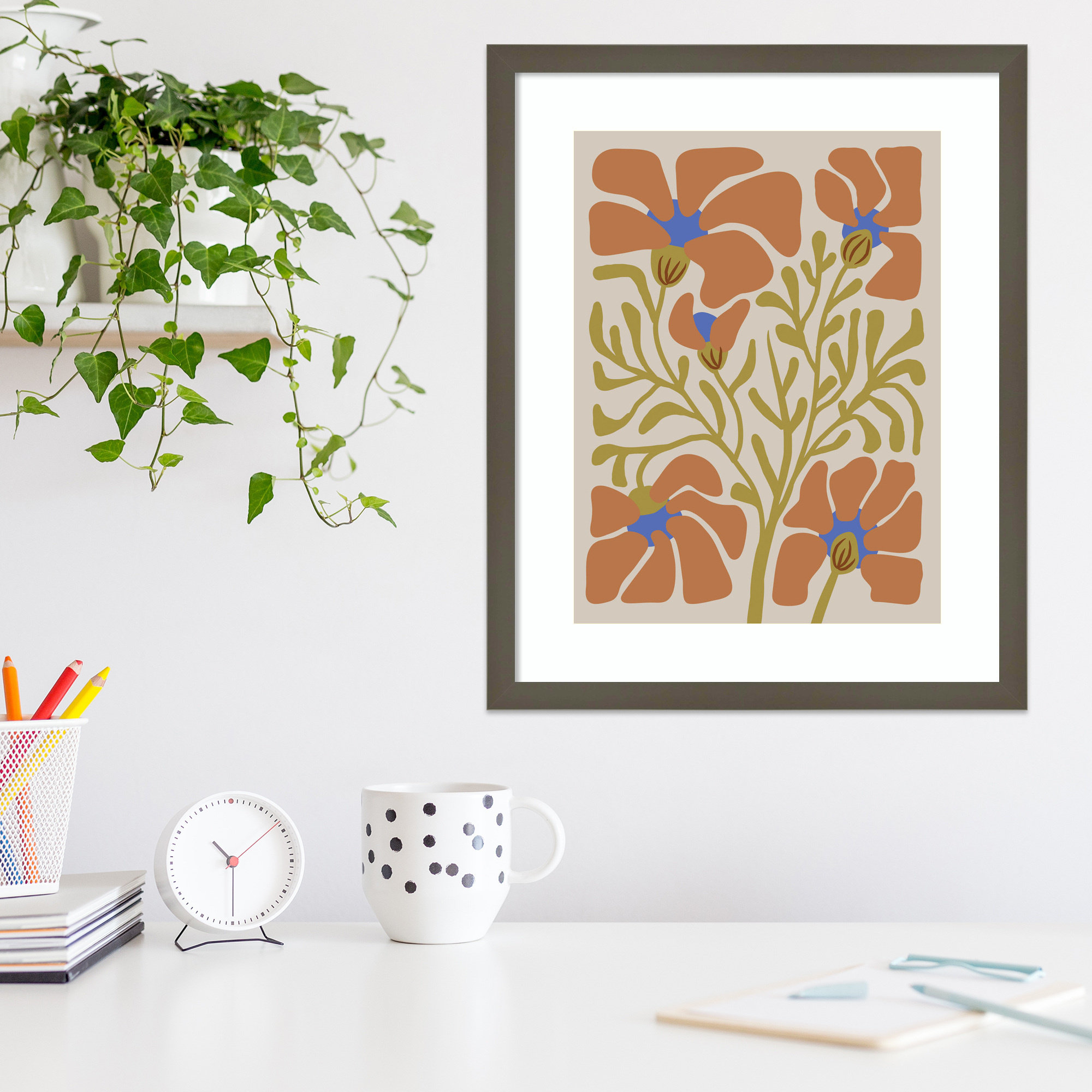 Expressive Abstract House Plant Orange On Tan Framed On Paper by The Creative Bunch Studio Print, Gray, 21" H x 17" W x 1" D