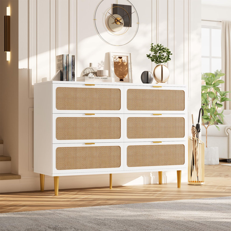 Commode 6 tiroirs pour la chambre à coucher en rotin, grande commode double avec tiroirs profonds, commode pour garde-robe à large plateau