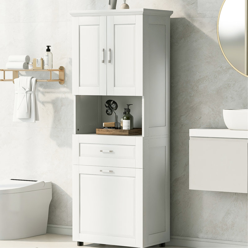Grande armoire de salle de bain blanche avec surmatelas et rangement spacieux avec grand panier