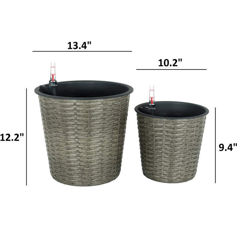 2 Self-Watering Planter - Grey Round For Courtyard Beauty Planters Outdoor Court Decor