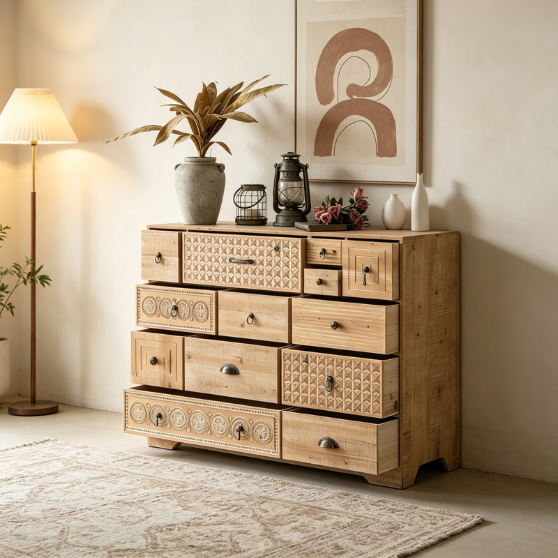 Retro solid wood carved drawer accent chest