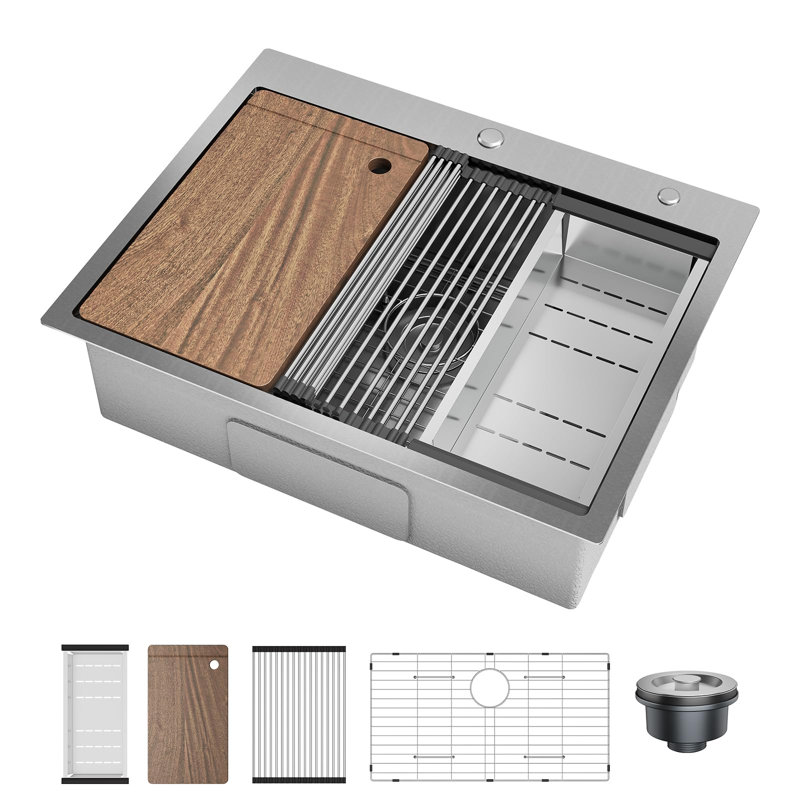 Idealhouse 558.8mm W Single Bowl Stainless Steel Drop-In Kitchen Sink with 1 Faucet Hole