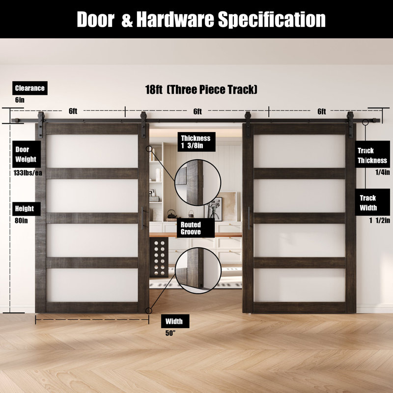 Homacer Ebony Double 80in 4-Lite Glass Design Unassembled & Finished Barn Doors with Non-Bypass Installation Hardware Kit, 9ft track, interior use only
