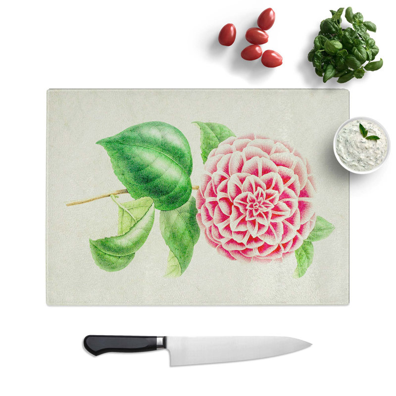 Tempered Glass Camellia Flower Illustration Chopping Board, 39 cm W x 28.5 cm L