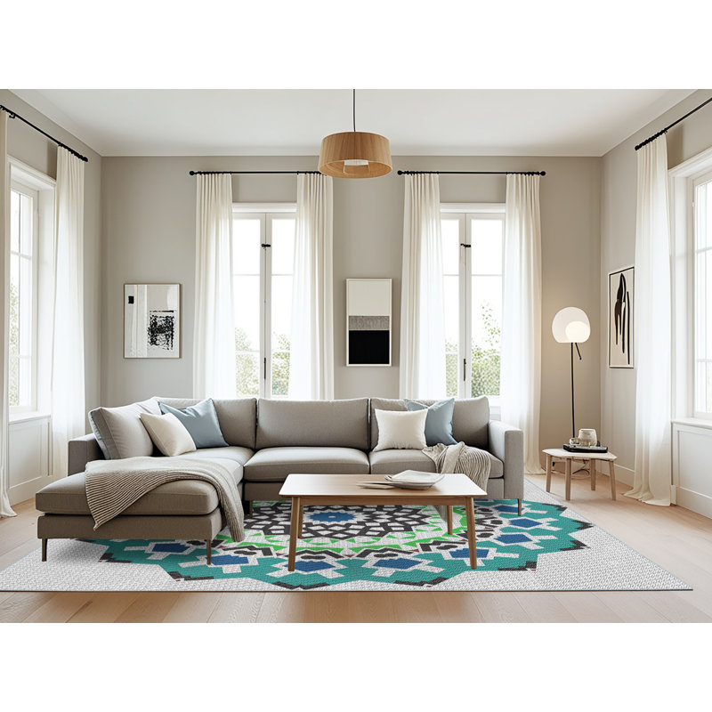 Tapis bleu/vert tissé à la machine, Rectangle 8 pi x 12 pi