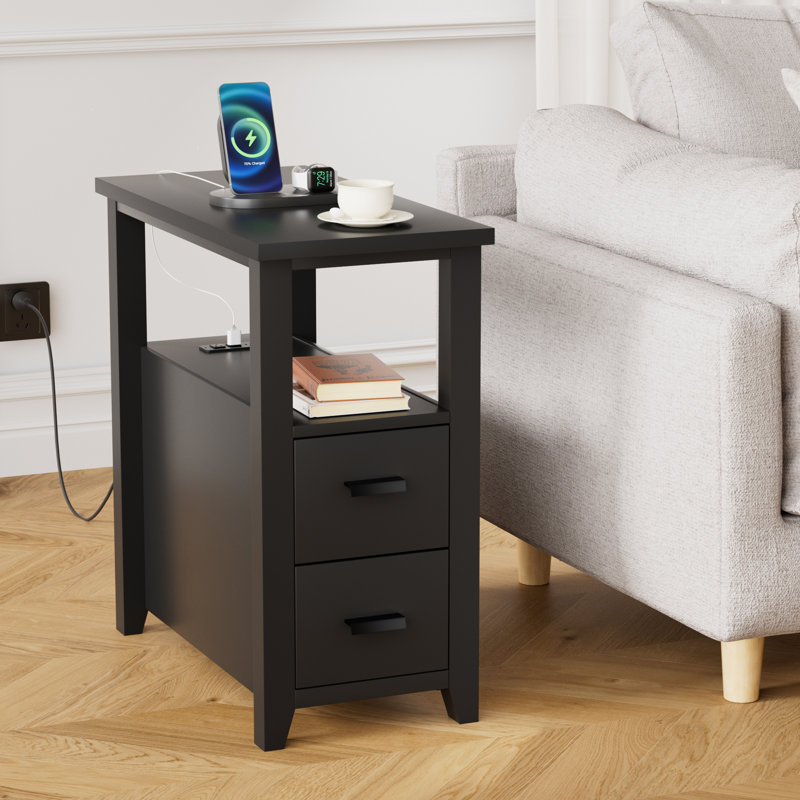 End Table with Charging Station, Nightstand Bedside Table with 2 Drawers for Living Room, Bedroom, Black, Black