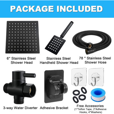Square Shower Heads With Handheld Spray Combo, High Pressure All Metal Rain Shower Head And Handle Set, 6'' Showerhead With Hose 78" Stainless Steel