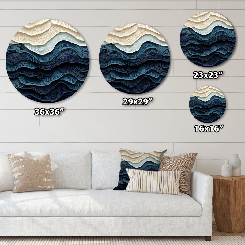 Bord de vague bleu et blanc - Bord de mer, art en métal rond, H 36 po x l 36 po