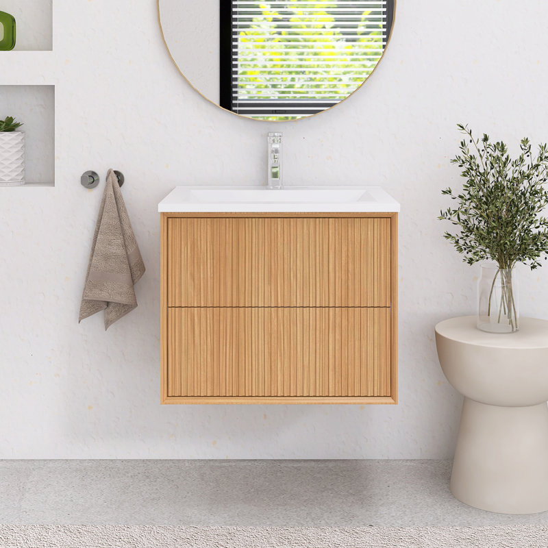 Meuble-lavabo mural 24 po en noyer moderne avec lavabo en résine