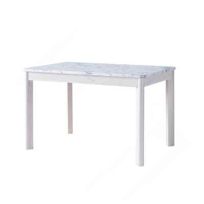 Faux Marble White Dining Table Top Four Rounded Leg Posts Rounded Table Corners White Oak Leg Color
