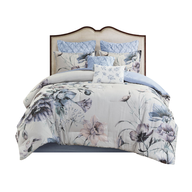 Édredon bleu pour très grand lit - Ensemble de literie à motif floral élégant en coton 8 pièces, Blue