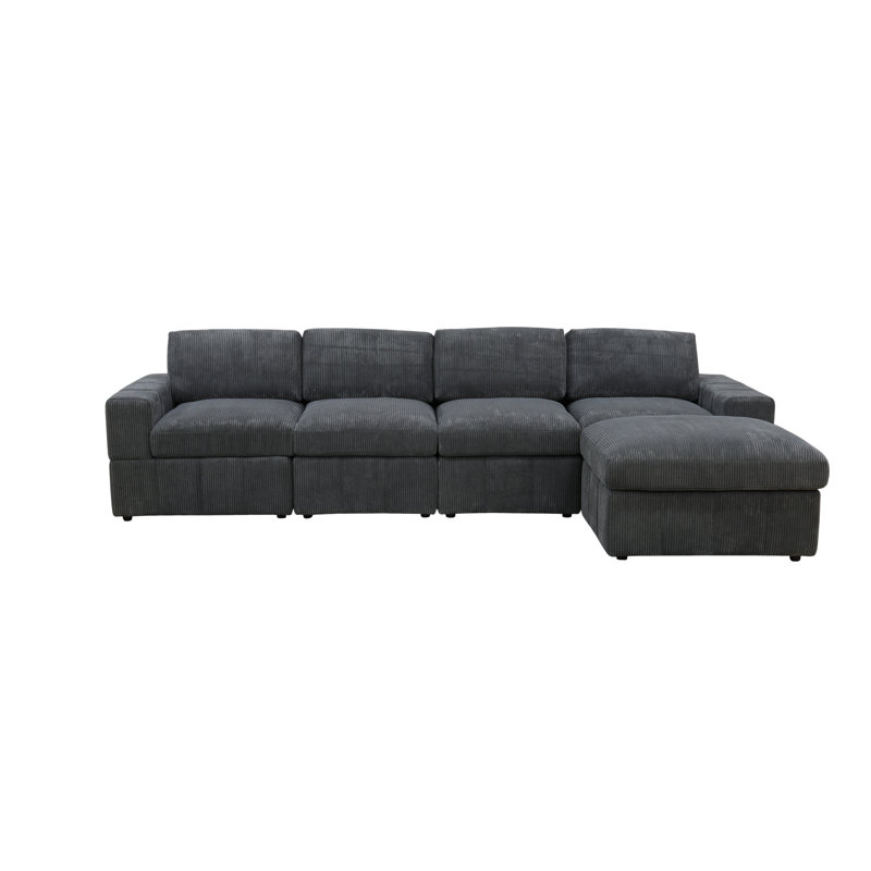 132" Wide 5- Piece Premium Corduroy Reversible Modular Living Room Sectional Sofa With Ottoman, Dark Gray Corduroy