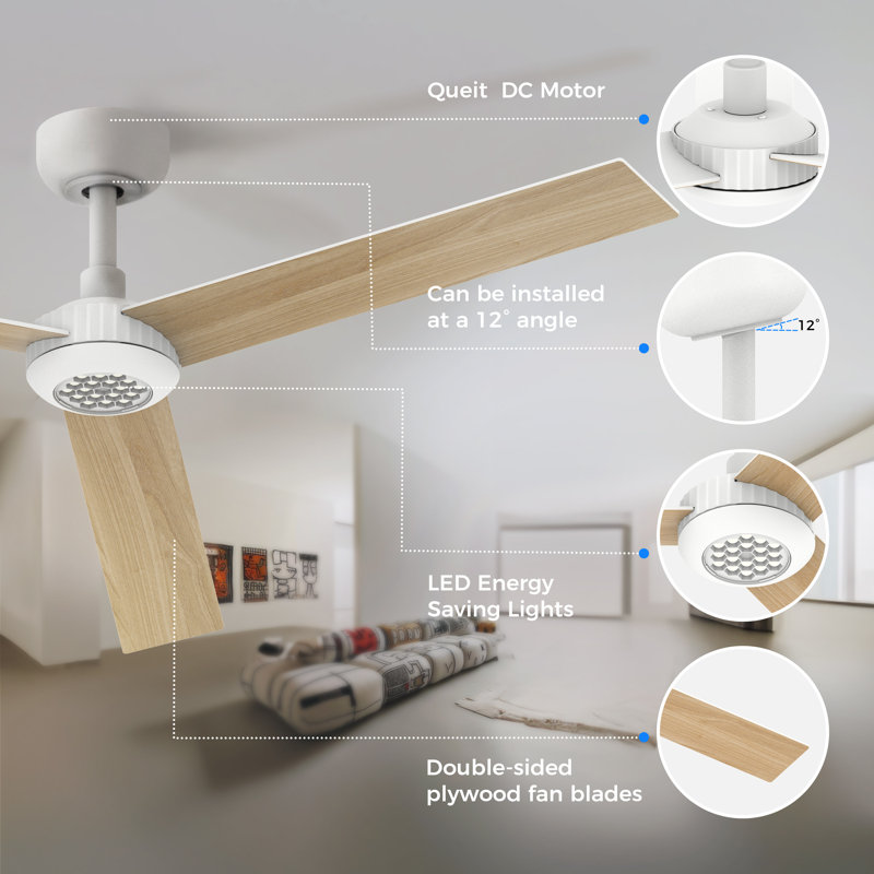 52 Inch Ceiling Fan With Led Night Light High Air Volume, White with Natural Blades
