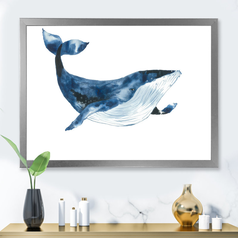 Baleine bleue sur fond blanc VI - peinture sur toile, H 12 po x l 20 po, Cadre photo argenté