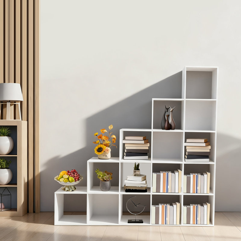 15-Cube Ladder Cube Storage Bookcase L-Shaped Corner Shelf, (5 Shelves) 57.48"H x 57.48"W x 11"D, White
