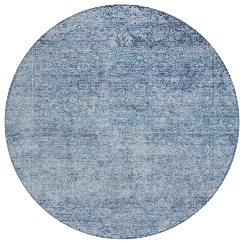 Tapis intérieur rond lavable abstrait bleu et ivoire 8 pi